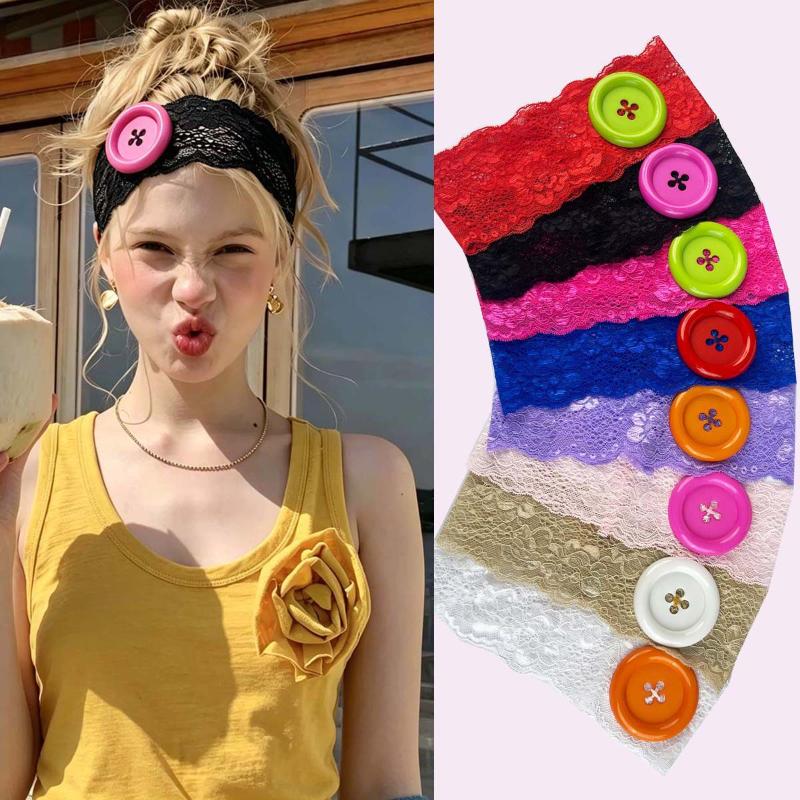 Travel Yoga Accessories - Vintage Spitzen-Haarband mit großen Knöpfen, elastisches